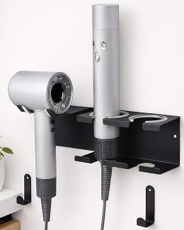 Hair Tool Organizer, Stainless Steel Hair Dryer and Straightener Holder, Curling Iron Holder Wall Mount 3-in-1 Storage for Bathroom, Hair Dryer Holder Black BANJEKT