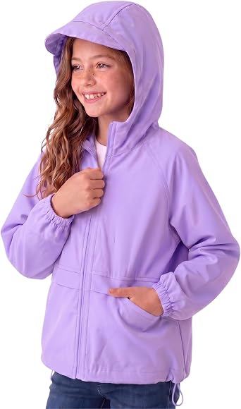 Girls Lightweight Hooded Jacket Full Zip Water-Resistant with Pockets for Kids