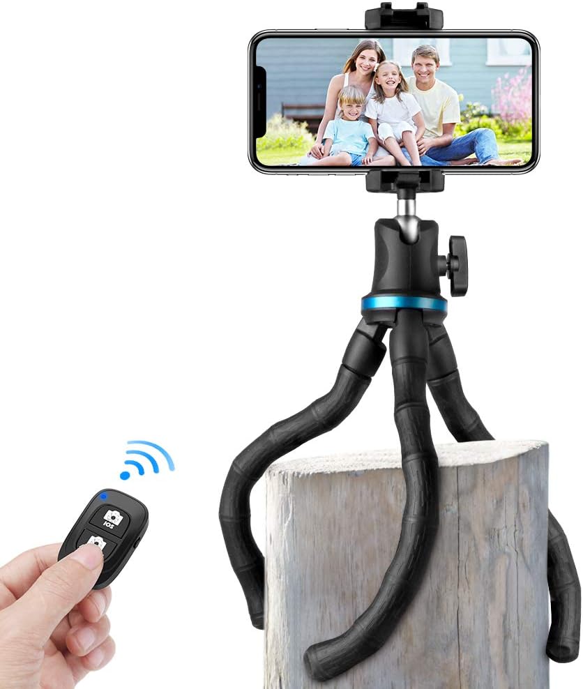 Flexible Phone Tripod, Aureday Adjustable Cell Phone Camera Travel Mini Tripod Stand with Wireless Remote Shutter & Universal Phone Mount Clip, Compatible with iPhone & Android Phone & Camera