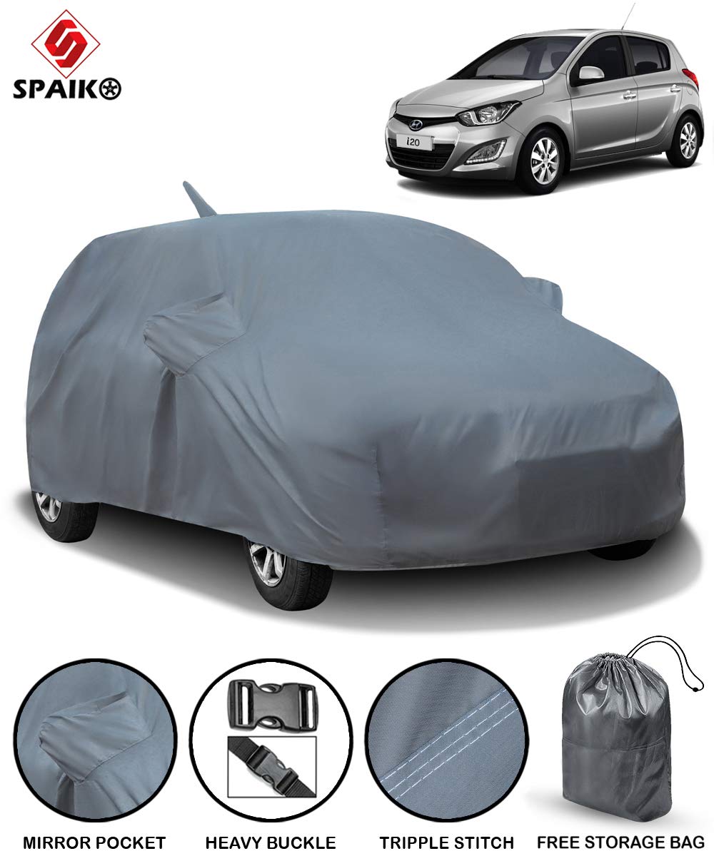 Spaiko Heavy Duty With Red Piping, Full Sized, Triple Stitched Car Body Cover Compatible with Hyundai i20 Old with Mirror & Antenna Pockets (Grey)