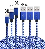 Frieso 3pcs 3FT 6FT 10FT Nylon Braided Charging Cable for iPhone 7, 7 plus, 6s 6 Plus 5s 5c 5,iPhone SE, iPad Pro, Air 2, iPad mini 4 3 2, iPod touch 5th gen / 6th gen / nano 7th gen (Blue white)