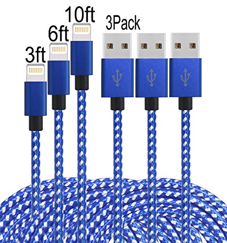 Frieso 3pcs 3FT 6FT 10FT Nylon Braided Charging Cable for iPhone 7, 7 plus, 6s 6 Plus 5s 5c 5,iPhone SE, iPad Pro, Air 2, iPad mini 4 3 2, iPod touch 5th gen / 6th gen / nano 7th gen (Blue white)