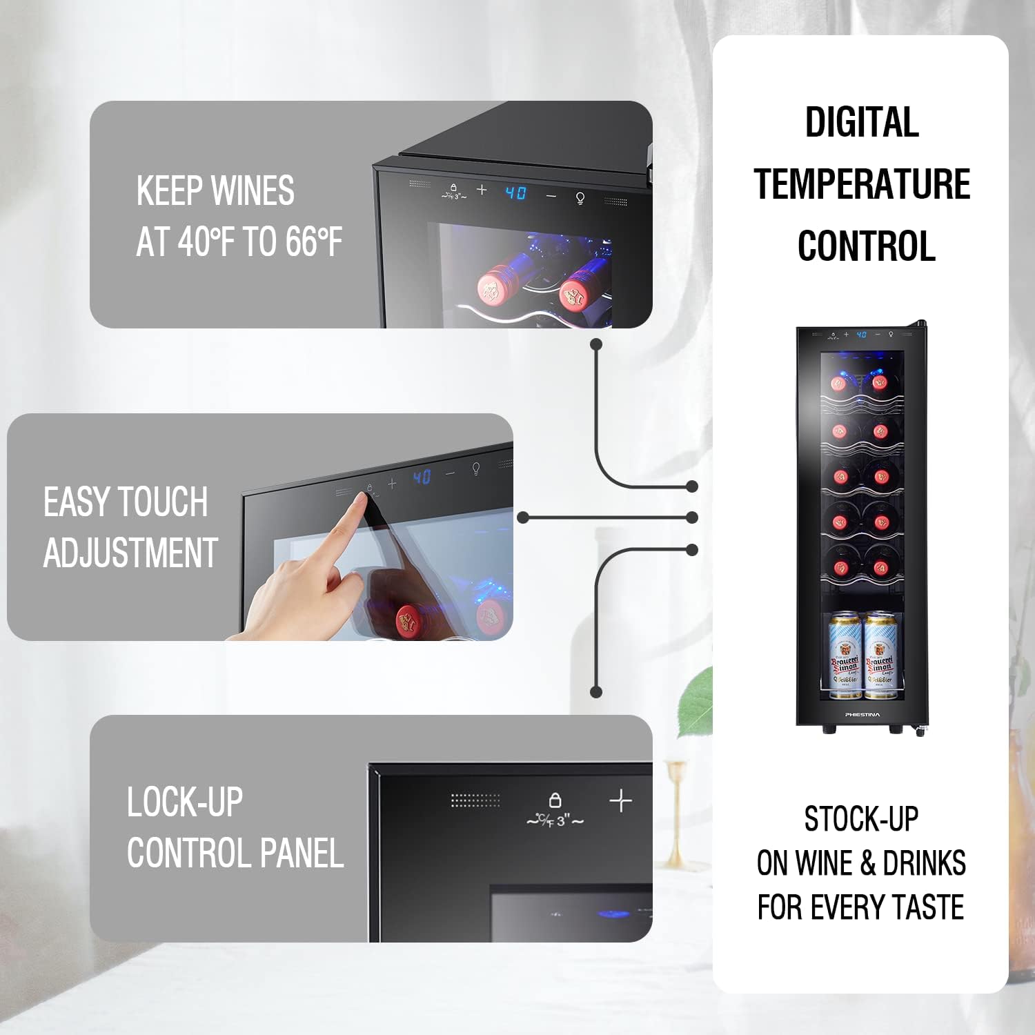 Buy Phiestina Wine Cooler, Freestanding Wine Fridge Holds 12 Bottles