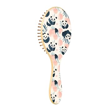 Panda Motif Natural Wood Round Hair Brush Scalp Massager Comb for Men and Women - Hair Growth Detangler Brush with Air Cushion and Wood Teeth for All Hair Types
