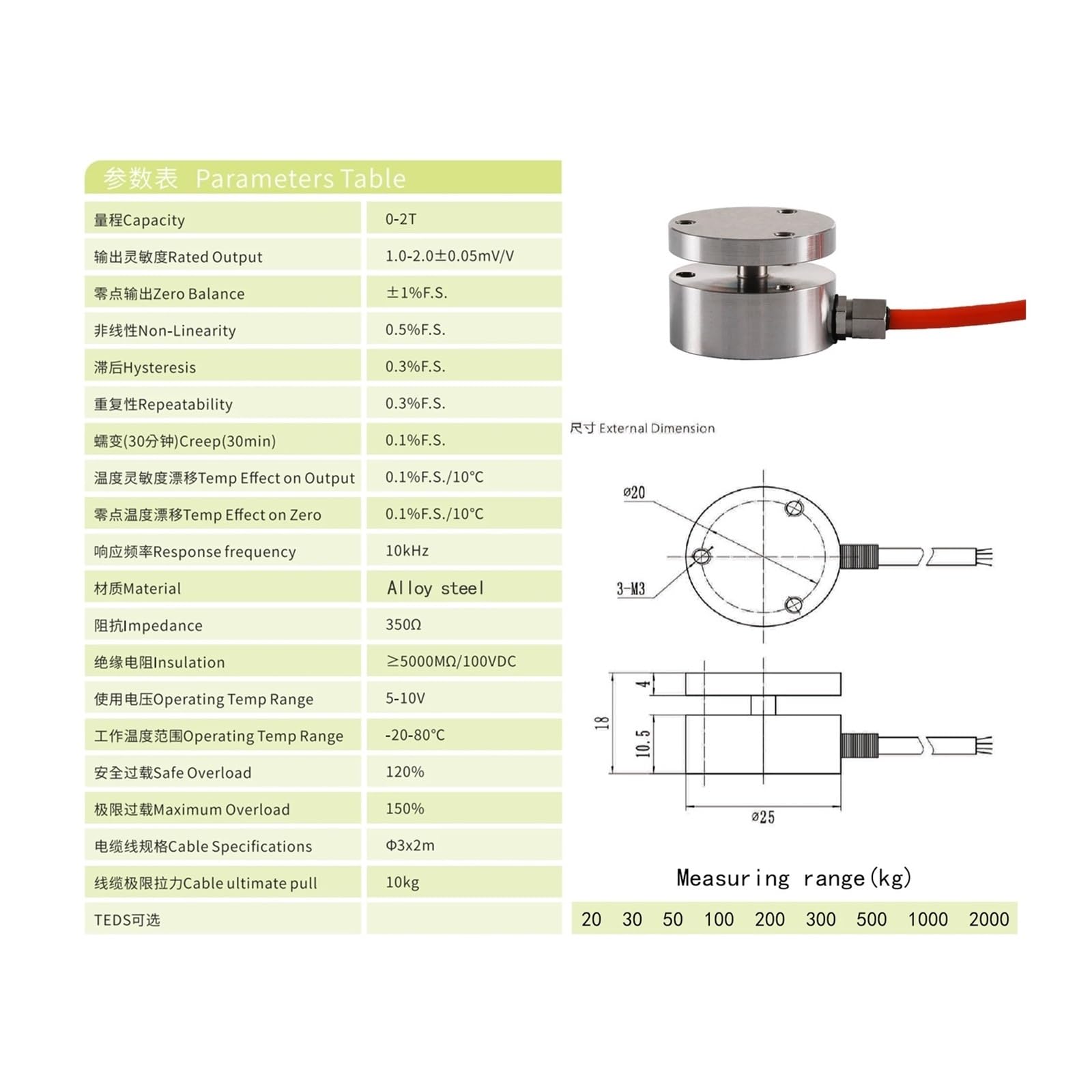 Wägezellensensor, Digitaler Wägezellen-Gewichtssensor, Spannungs-/Kompressionskraftsensor mit Signalgeber und Anzeige, Gewichtsdruck, 20 kg – 2000 kg zur Messung von Kraft, Druck, Verschiebung und Deh