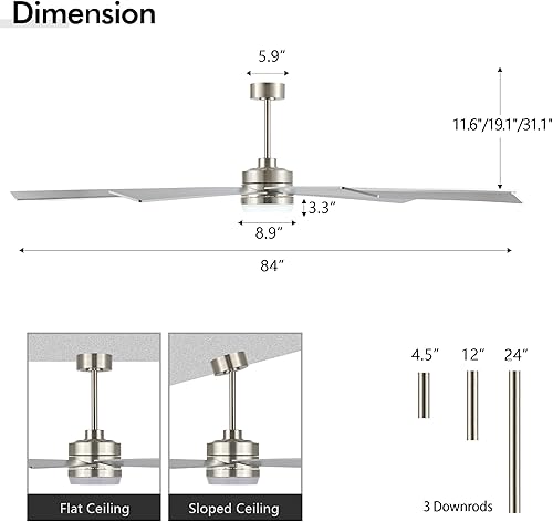 Miniatura 2 de Ventilador de techo con motor CC de 84 pulgadas con luz, control remoto de 6 velocidades, motor reversible, moderno ventilador de techo plateado