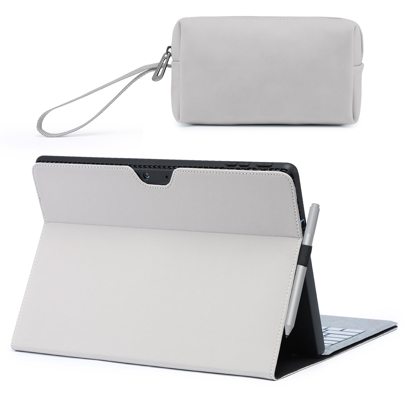 HYZUO Hülle für Surface Pro 11 2024, Surface Pro 10 2024, Surface Pro 9 2022, Mehrwinkelbetrachtung Folio Ständer mit Stylus Halter, Kompatibel mit Typ Tastatur, mit Zubehörtasche, Hellgrau