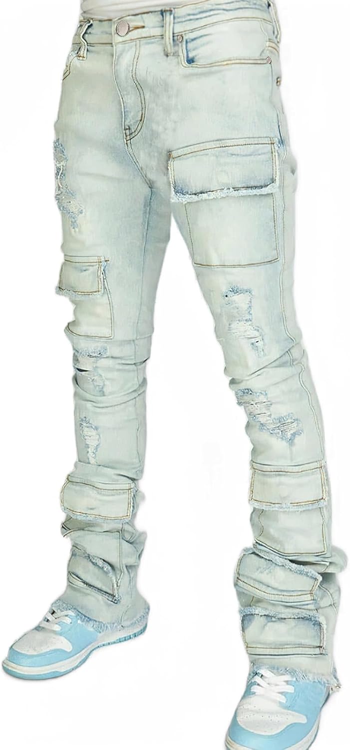 メンズ スタックジーンズ ミッドライズ スリムフィット ストレッチ 破れたカーゴジーンズ ティーンボーイ ヒップホップ ストレートレ