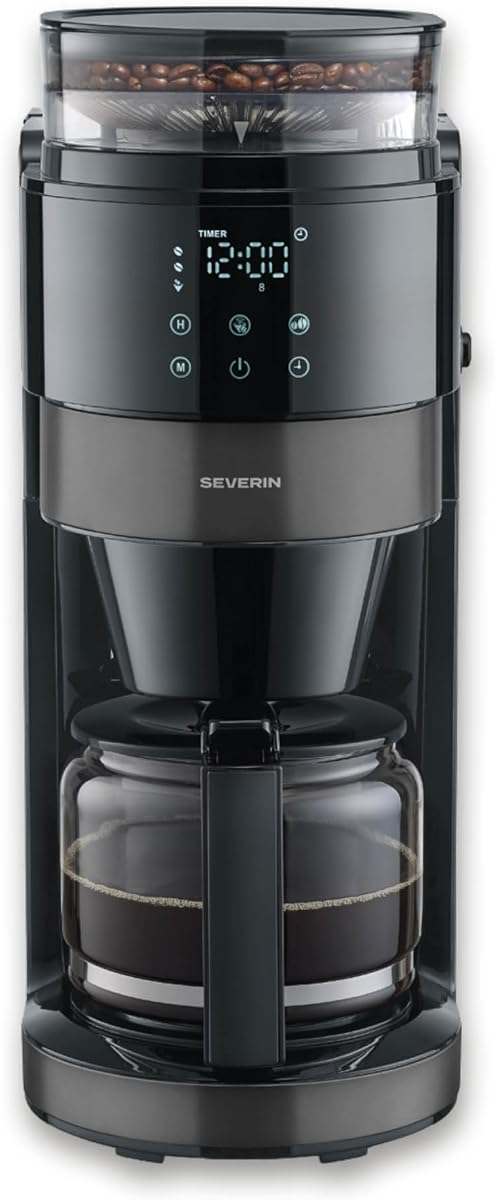 Severin Filter-Kaffeemaschine mit Glaskanne und Mahlwerk, 1,25L Füllmenge, bis zu 10 Tassen, Tropf-Stopp, intensives Aroma, automatische Abschaltung, LED-Display, 900W, dark inox, schwarz, KA 4830