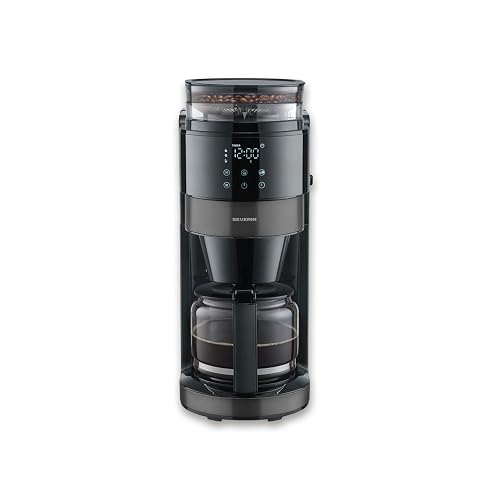 Severin Cafetera de goteo, con jarra de cristal y molinillo, 1,25L de capacidad, hasta 10 tazas, interrupción por goteo, aroma intenso, pantalla LED, 900W, inox oscuro, negro, KA 4830