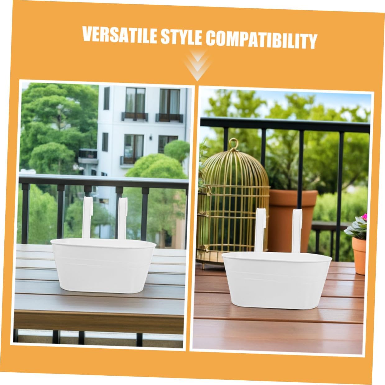 INOOMP 3pcs Wrought Iron Metal Hanging Planters with Detachable Handles Oval White 27x14.5cm Balcony Garden Flower Pots for Railing and Outdoor Patio