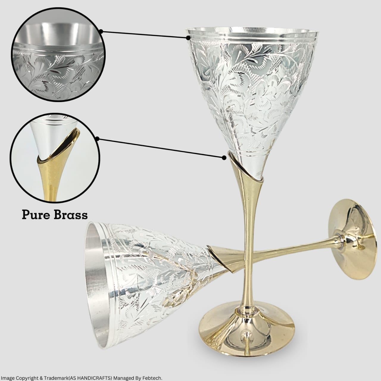 Brass Champagne Silver Plated Toasting Flutes With Premium Velvet Box - Set of 2 Brass Chalice Wine Goblets - Engraved brass Goblet Champagne Glass & Liqueur Glasses, Communion Cup, Housewarming Gift