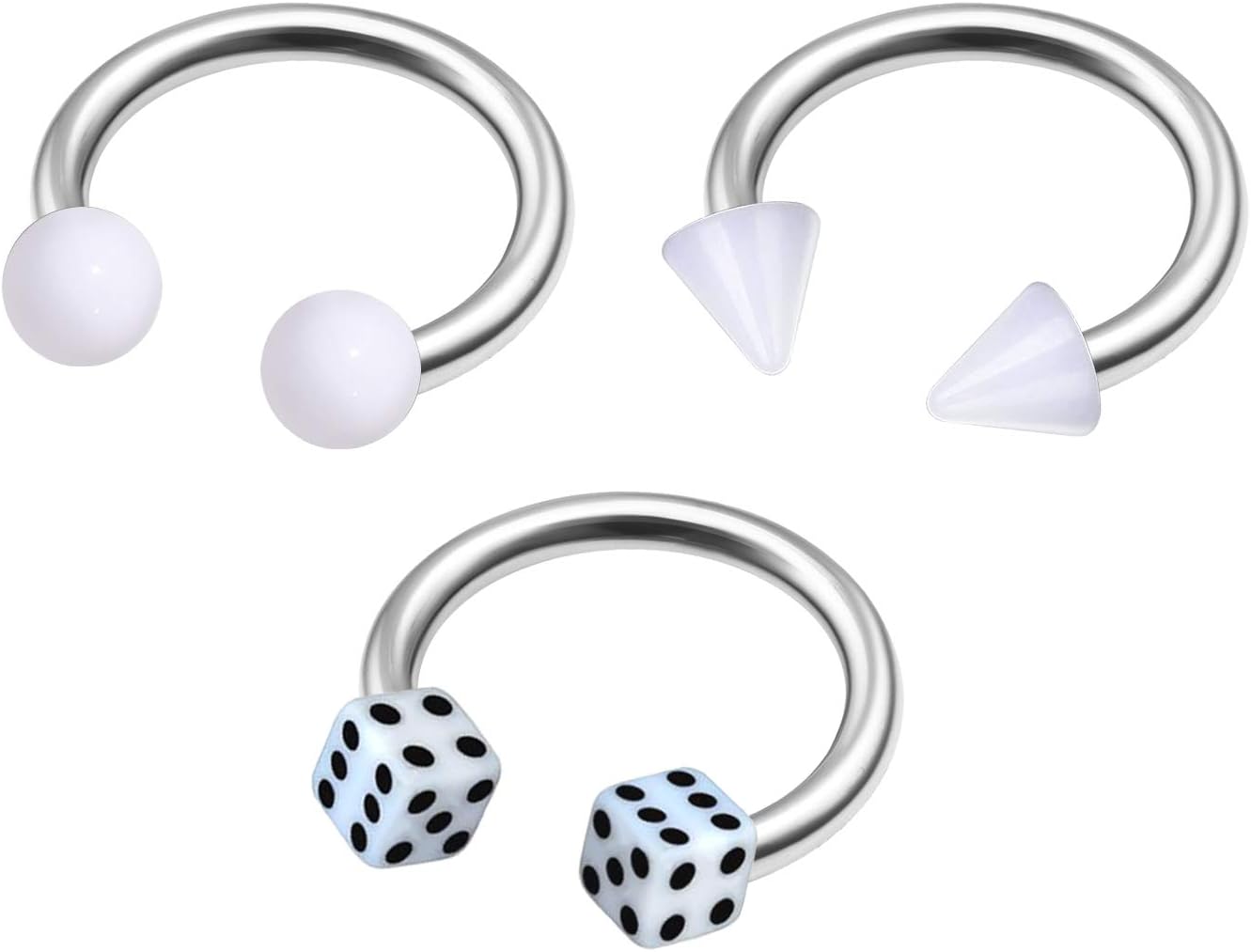 3Pcs Steel 16g 5/16 8mm horseshoes earrings Piercing Jewelry Daith Rook Helix Eyebrow 3mm White Cone Ball Dice Acrylic M9917