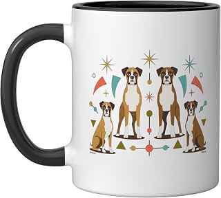 Boxer Mid Century Modern Dog Atomic Starburst Ceramic Mug, Black/White