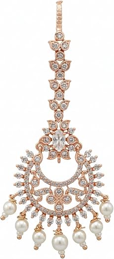 I Jewels Rose Gold Plated Traditional Brass Maang Tikka with CZ Detailing and Pearl Drop Design for Women (T2232W)