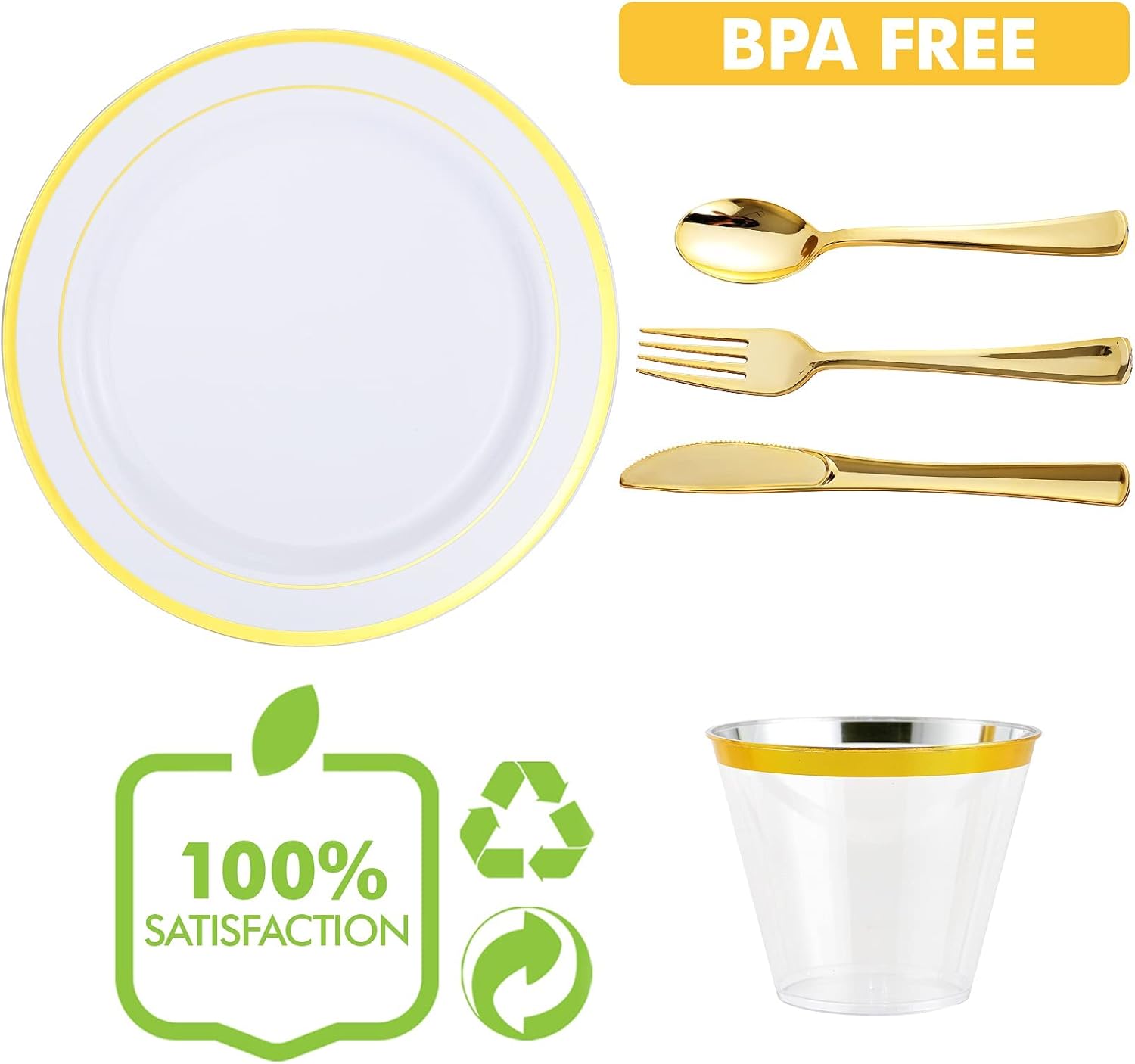 800 Piece Gold Dinnerware Set–200 Gold Plastic Plates–Set of 300 Gold Plastic Silverware–100 Gold Plastic Cups–200 Napkins Disposable Gold Plastic Dinnerware Set for Party or Wedding(100 Guests)