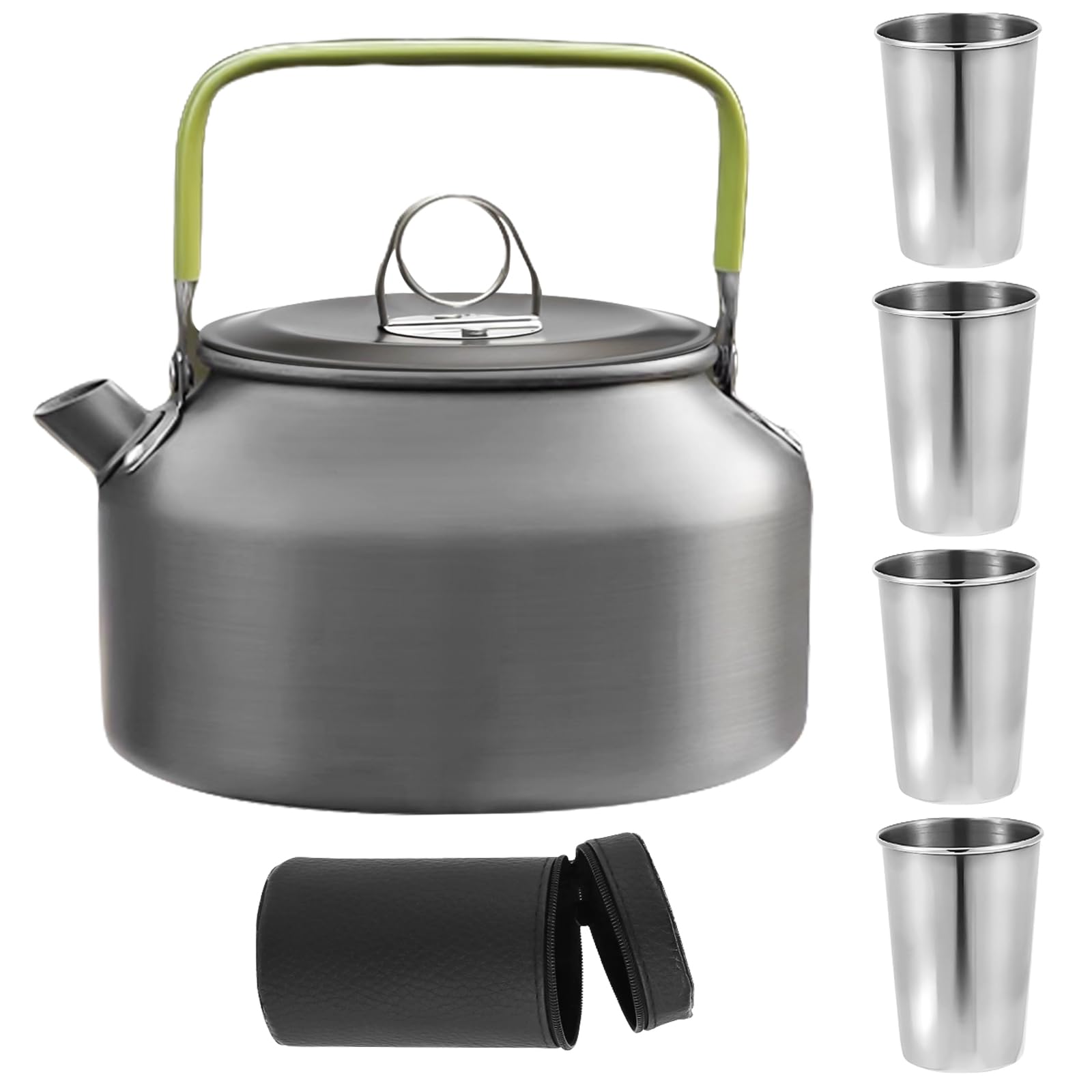 GOMETY Bouilloire de camping pour 2 à 3 personnes, théière de 0,8 l avec 4 gobelets en acier inoxydable, facile à plier, durable, en aluminium, avec sac de transport