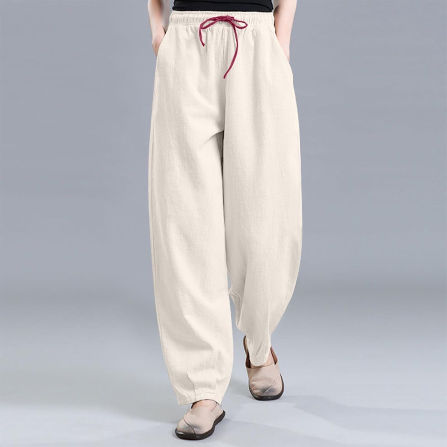 Casual Cotton Linen Pant for Women Lightweight Wide Leg Harem Pants High Waist Drawstring Slacks 2025 Fashion Trouser