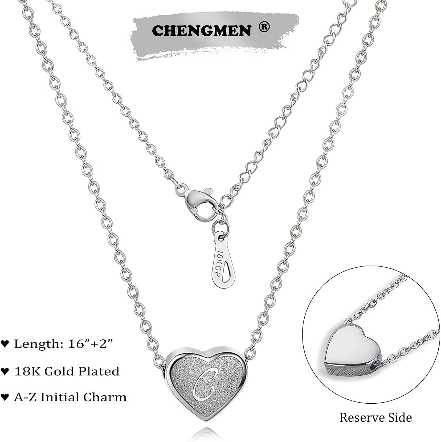 CHENGMEN Initial Necklace Alphabet Letter C Engraved Tiny Cute Matte Heart Pendant White Gold Plated Stainless Steel Silver Necklaces Unique Jewellery for Women Girls - Image 3