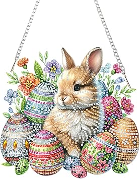 POETRYDRAW DIY Hanging Diamond Art Pendant Kit Easter Egg Bunny, Special Crystal Acrylic Diamonds Painting Ornament for Adults, 5D Diamond Art Suncatchers Gem Painting Box Kit