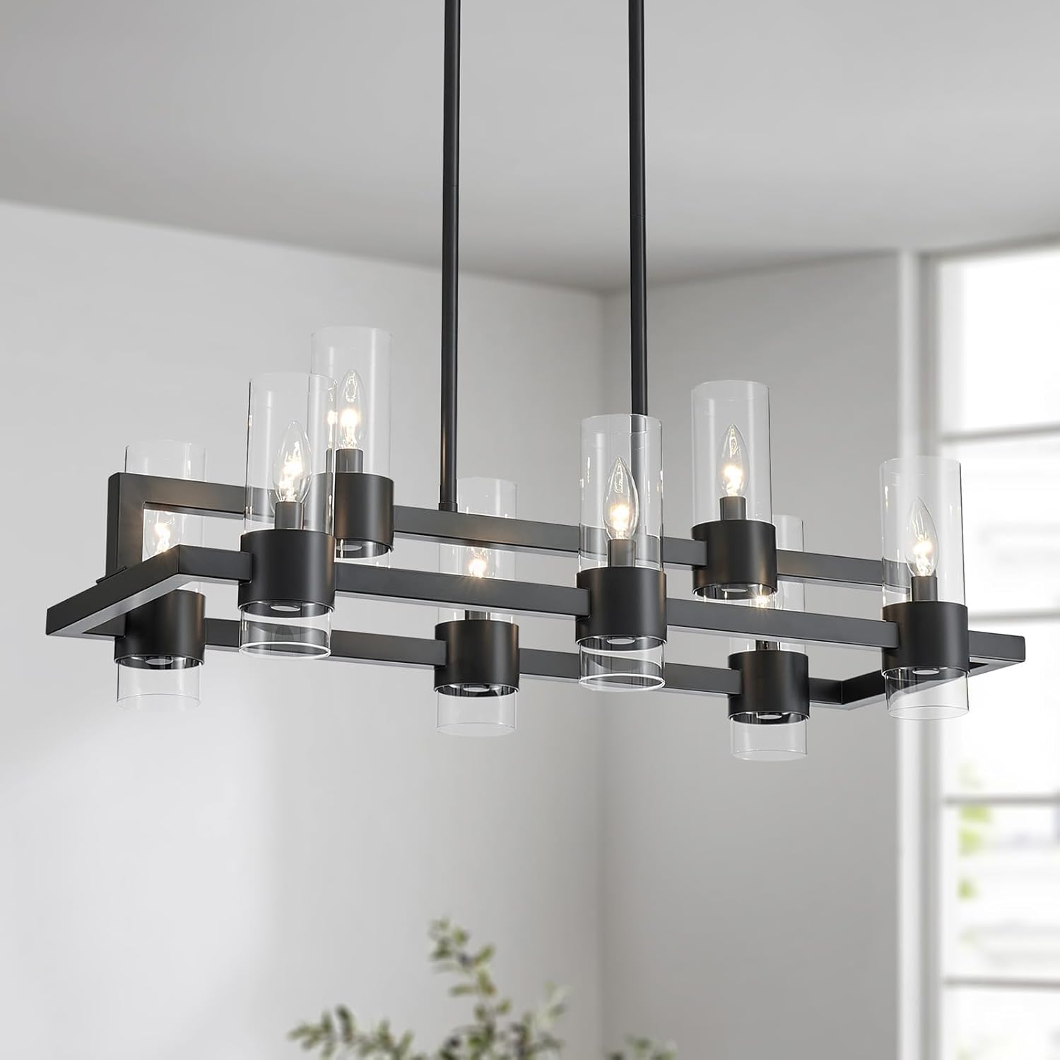 **7 of 8 Bulb Covers** WUZUPS Island Rectangle Chandelier 8-Light with Clear Glass Industrial Modern Farmhouse Linear Light Fixture for Dining Room Kithen Island, Width 33.5" Height 12.6", Black