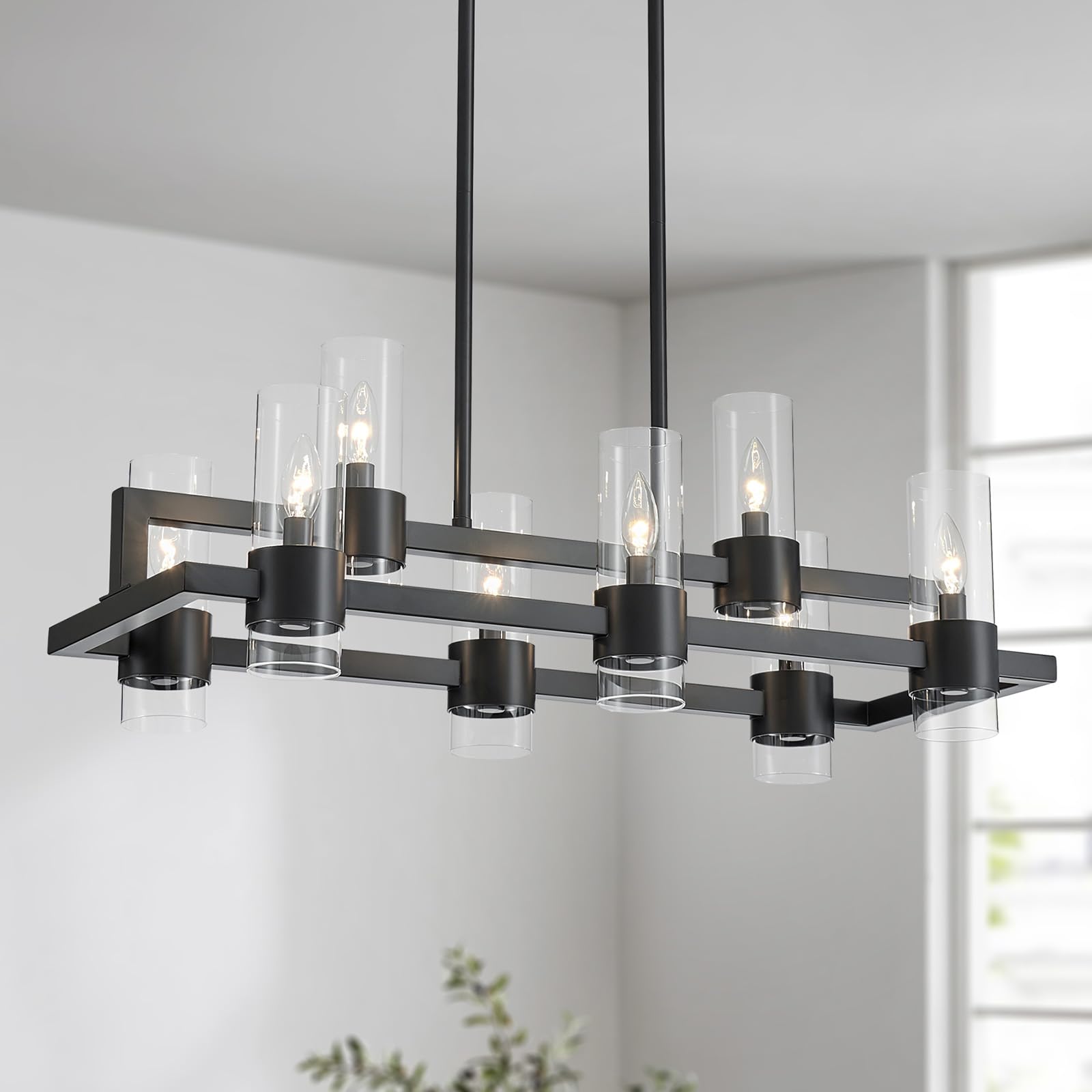 Photo 1 of WUZUPS Island Rectangle Chandelier 8-Light with Clear Glass Industrial Modern Farmhouse Linear Light Fixture for Dining Room Kithen Island, Width 33.5" Height 12.6", Black