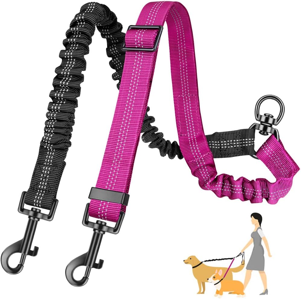 SlowTon Double Dog Leash Coupler, No Tangle 360° Swivel for 2 Dogs | Adjustable Length, Elastic Bungee, Reflective Stitching, Walking & Training Lead for Small Medium Large Dogs, Black & Fuchsia