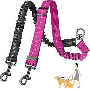 SlowTon Double Dog Leash Coupler, No Tangle 360° Swivel Dual Leashes for Walking 2 Dogs, Adjustable Length Reflective Splitter Leash for Training, Small, Medium & Large Two Dogs(Black&Fuchsia)