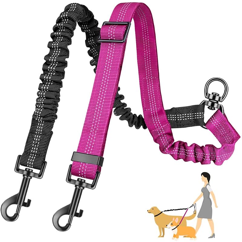 Guia Dupla para Cães com Trecho Elástico Ajustável e Costura Refletiva AUTOWT Fuchsia - Medium
