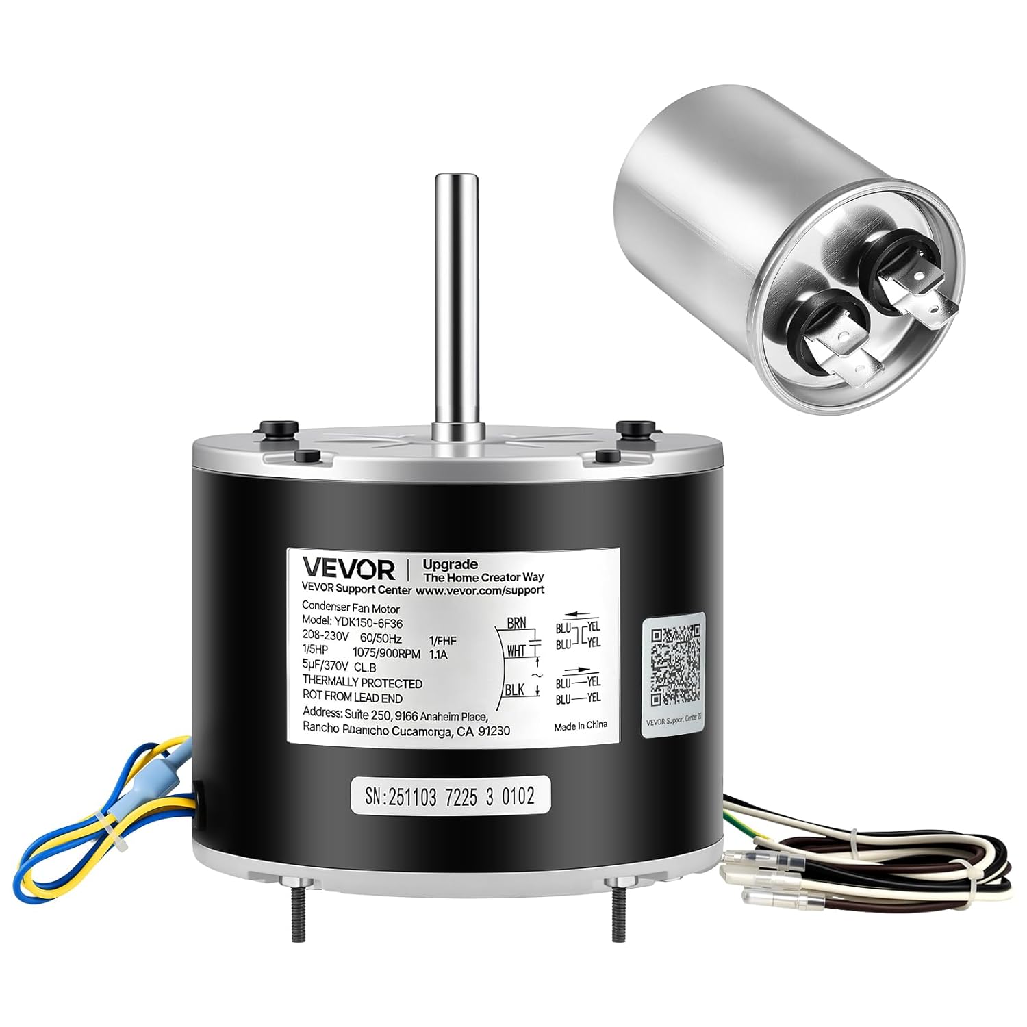 VEVOR Condenser Fan Motor with Capacitor, 1/5HP 1075/900RPM 208-230V, Replaces 12Y75, 97M49, 100483-02, 43W49, Compatible with Lennox Interlink Emerson K48HXGCK-4210 K48HXGFG-4294 YFK-150-6
