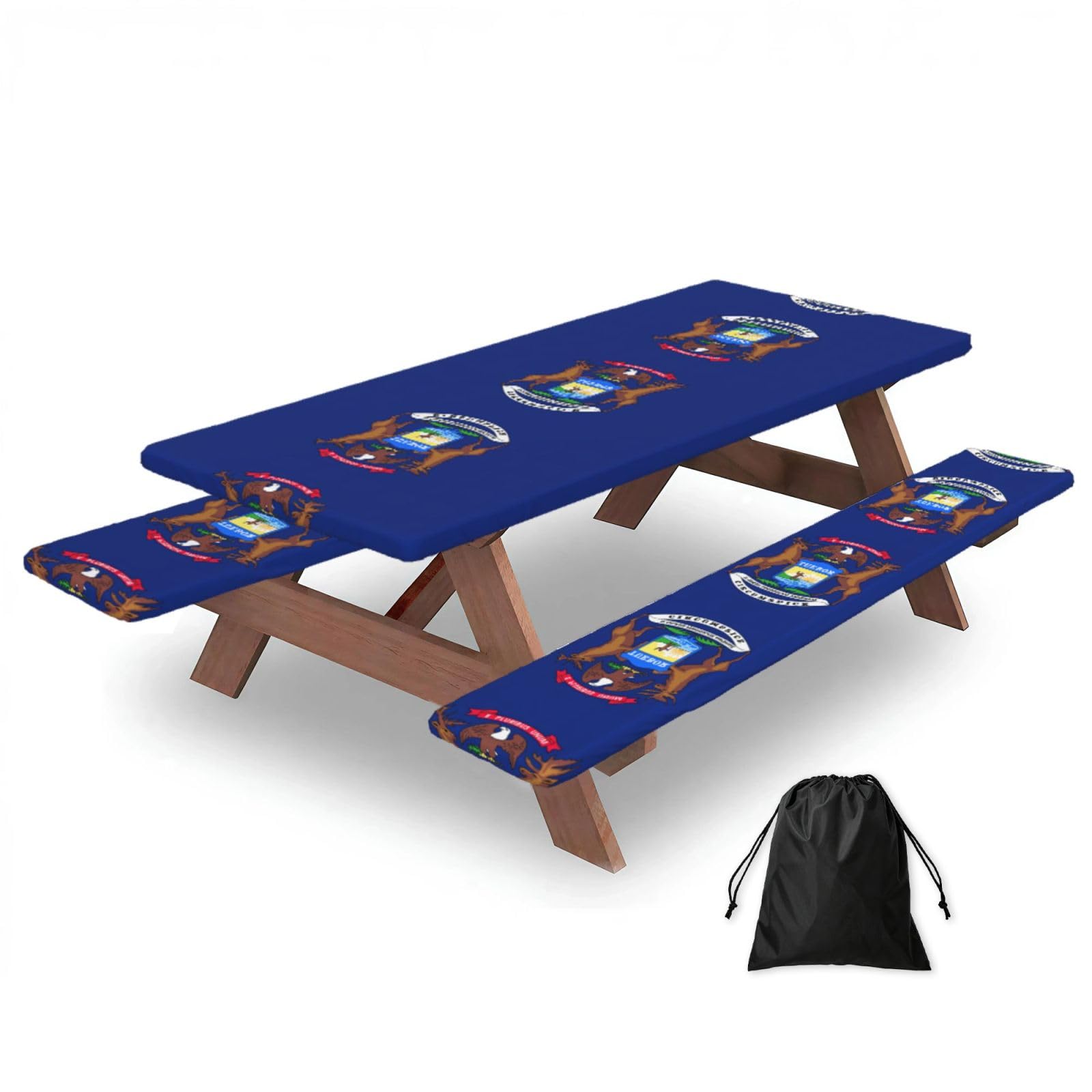 Yqxwjl Black Michigan State Flag Print Camping Essentials Waterproof Camping Table And Bench Cover With Drawstring Bag 183 Cm