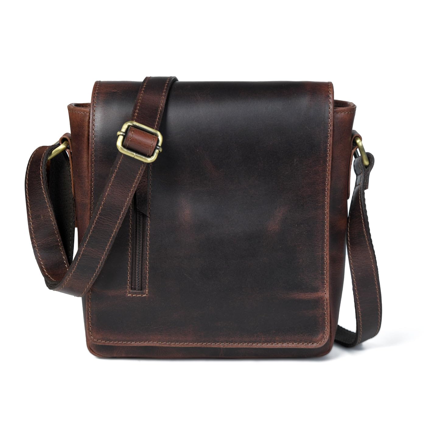 Men's Daily Messenger Leather Bag | Vintage Dark Brown Premium Buffalo Leather Crossbody Bag with Brass Hardware & Adjustable Strap | Multiple Zipper Compartments | Magnetic Closure-image-11