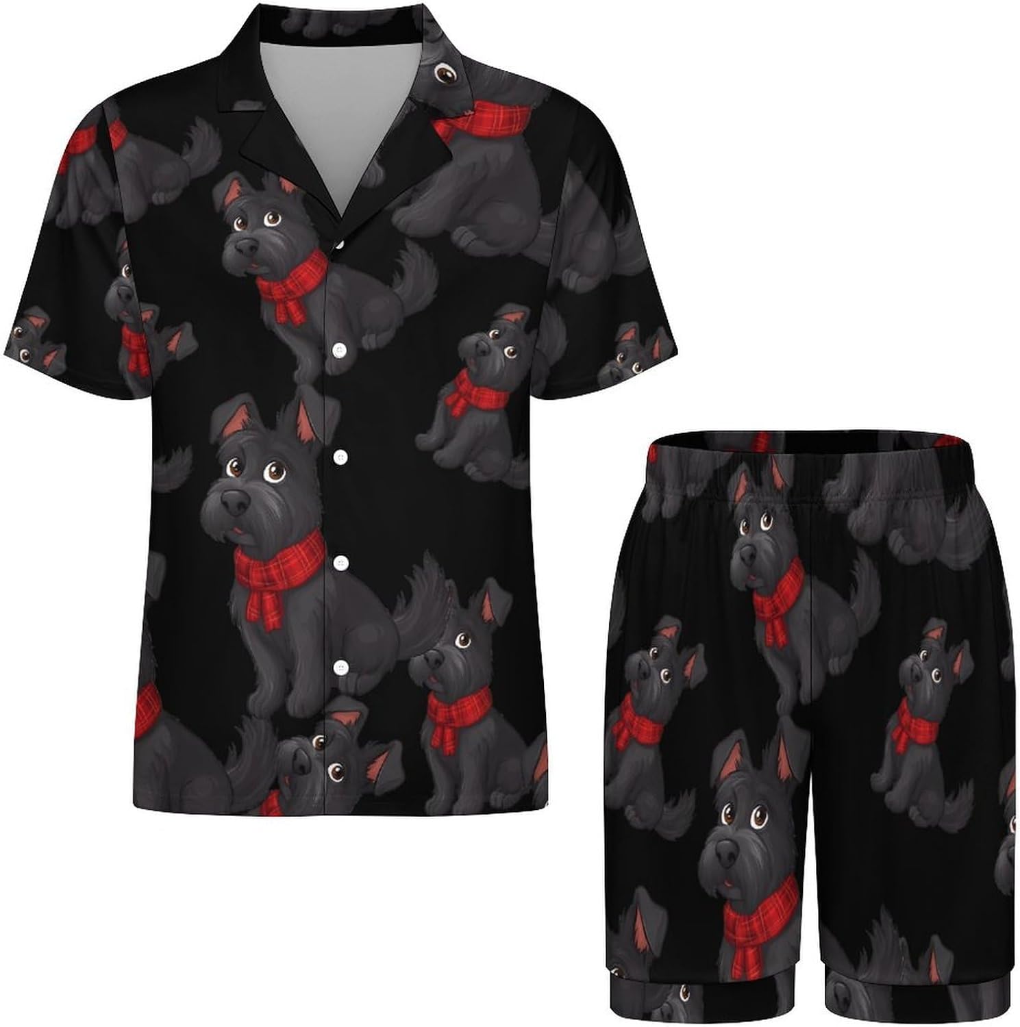 Scottie Dog Cute Men's Short Sleeve Pajama Set Satin Silk Like Lounge Sleepwear