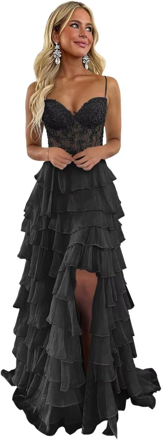 Ruffle Tiered Prom Dress Lace Applique Corset Spaghetti Straps Layered Chiffon Formal Evening Gowns with Slit