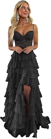 Black Prom Dress Lace Applique Corset Ruffle Tiered Long 2026 Layered Chiffon Formal Evening Gowns for Women US4