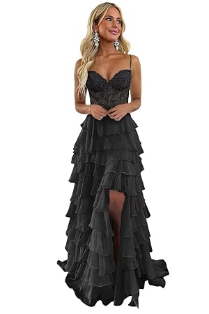 Ruffle Tiered Prom Dress Lace Applique Corset Spaghetti Straps Layered Chiffon Formal Evening Gowns with Slit