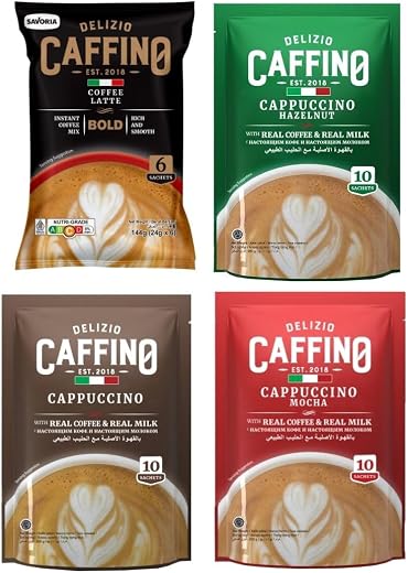 CAFFINO Cappuccino Premium Coffee - 3 in 1 Instant Premix | 744g Pack with 4 Flavors: Bold, Hazelnut, Classic, and Mocha (...