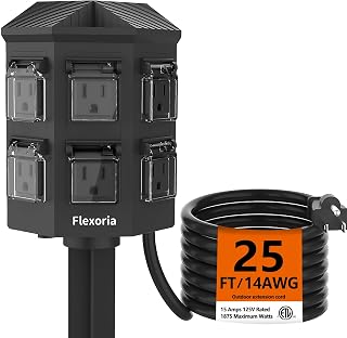 Outdoor Power Strip Waterproof, 25 FT Extension Cord, 6 Grounded Outlets for Halloween/Christmas Decorations and Inflatables, 15A/1875W, ETL Listed