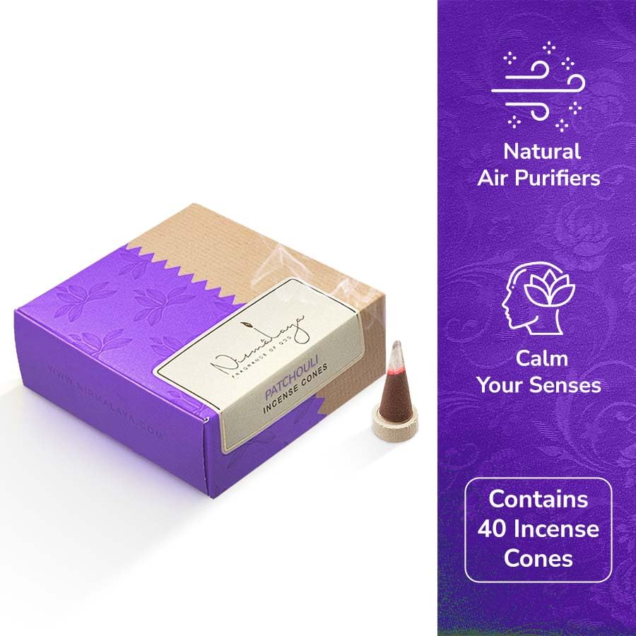 Image of Nirmalaya Premium Incense Combo Pack | 100% Natural Organic | 40 Incense Sticks, 40 Incense Cones, 40 Dhoop Sticks | for Pooja, Meditation & Yoga (Patchouli) Free Stand Inside