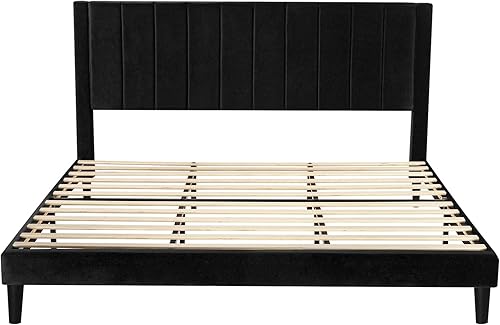 Miniatura 57 de SHA CERLIN Marco de cama matrimonial/plataforma tapizada de terciopelo con cabecero, soporte de listones de madera resistente, base de colchón, no