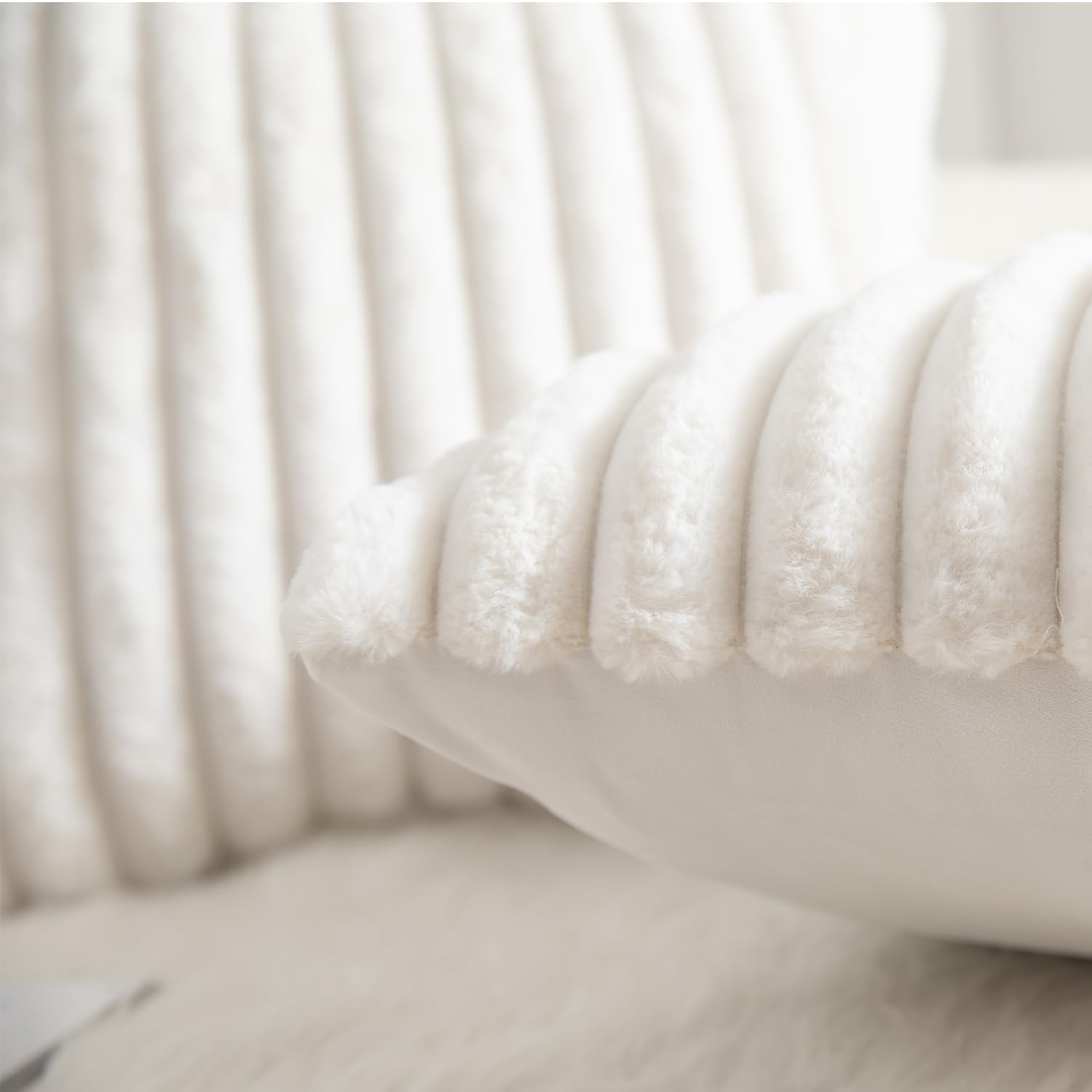 Mandioo Pack of 2 Decorative Cushion Covers 30cm x 50cm Faux Fur Striped Plush Soft Throw Pillow Covers Pillow Cases Bedroom Living Room Sofa Home 12x20 Inch Cream White - Image 3