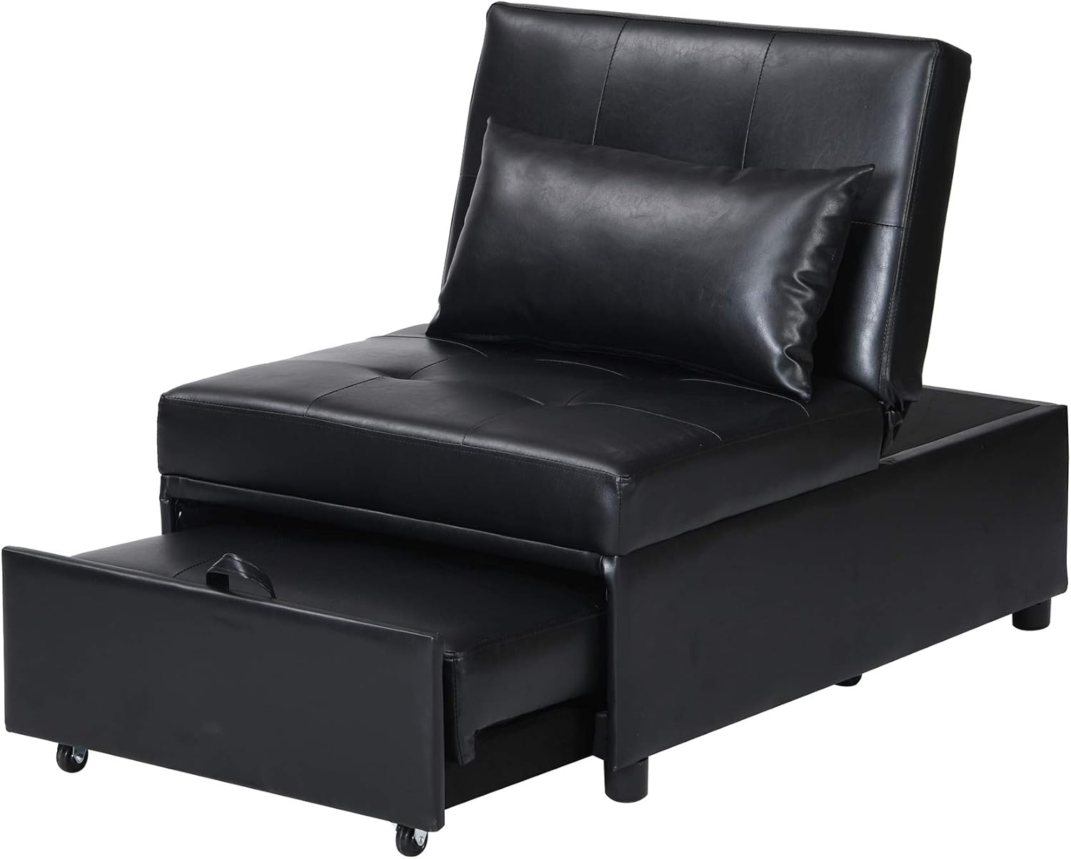 Folding Ottoman Sofa Bed with Leather Upholstery, Multifunctional Design, Space-Saving, Comfortable Sofa and Bed, Ideal for Living Room, Bedroom, Dorm, Black, 70.9W x 26.8D x 15.4H in