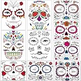 Halloween Temporary Face Tattoos Makeup Kit, Day of the Dead Sugar Skull Floral Black Skeleton Web Red Roses Full Face Mask Stickers Tattoo Families Party Supplies