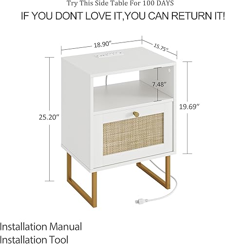 Miniatura 49 de Masupu Mesita de noche de ratán con estación de carga, moderna mesita de noche de madera bohemia con cajón de almacenamiento y estante abierto, mesa