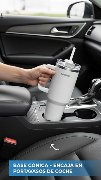 Bicchiere Termico 40oz (1,18 Litri) con Cannuccia e Manico - Tazza Termica in Acciaio Inox Senza BPA per Auto - Mantiene Ghiaccio e Caldo, Compatibile con Portabicchiere (Bianco) - 2