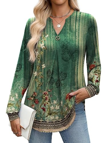 Misakia Women V Neck Long Sleeve Tops Fall Pleated Tunic Shirts Dressy Casual Loose Business Work Blouses - S - Mz839