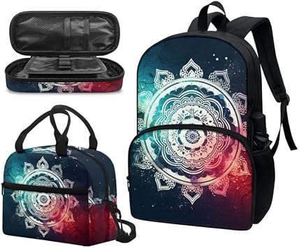 Green Red Mandala Floral School Backpack Kids Gradient Color Art Bohemia Bookbag Set Tribal Ethnic Baja Lotus Lunch Bag Pencil Case Elementary Supplies Boys Girls