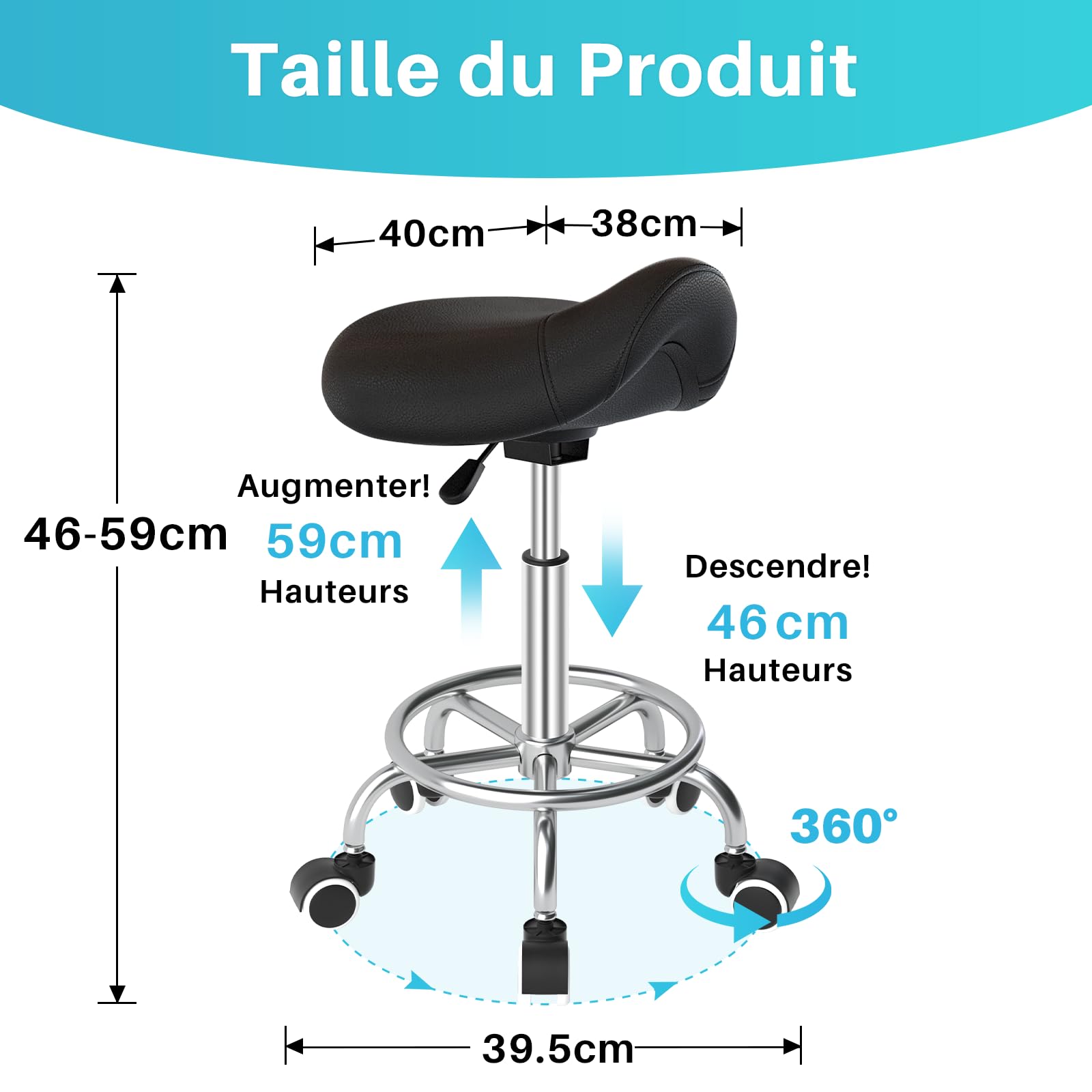 Tabouret de selle de cheval anti-mal de dos, tabouret ergonomique avec roues, tabouret esthétique réglable en hauteur de 46 à 59 cm, tabouret avec roues rembourrées pour dentiste (noir)