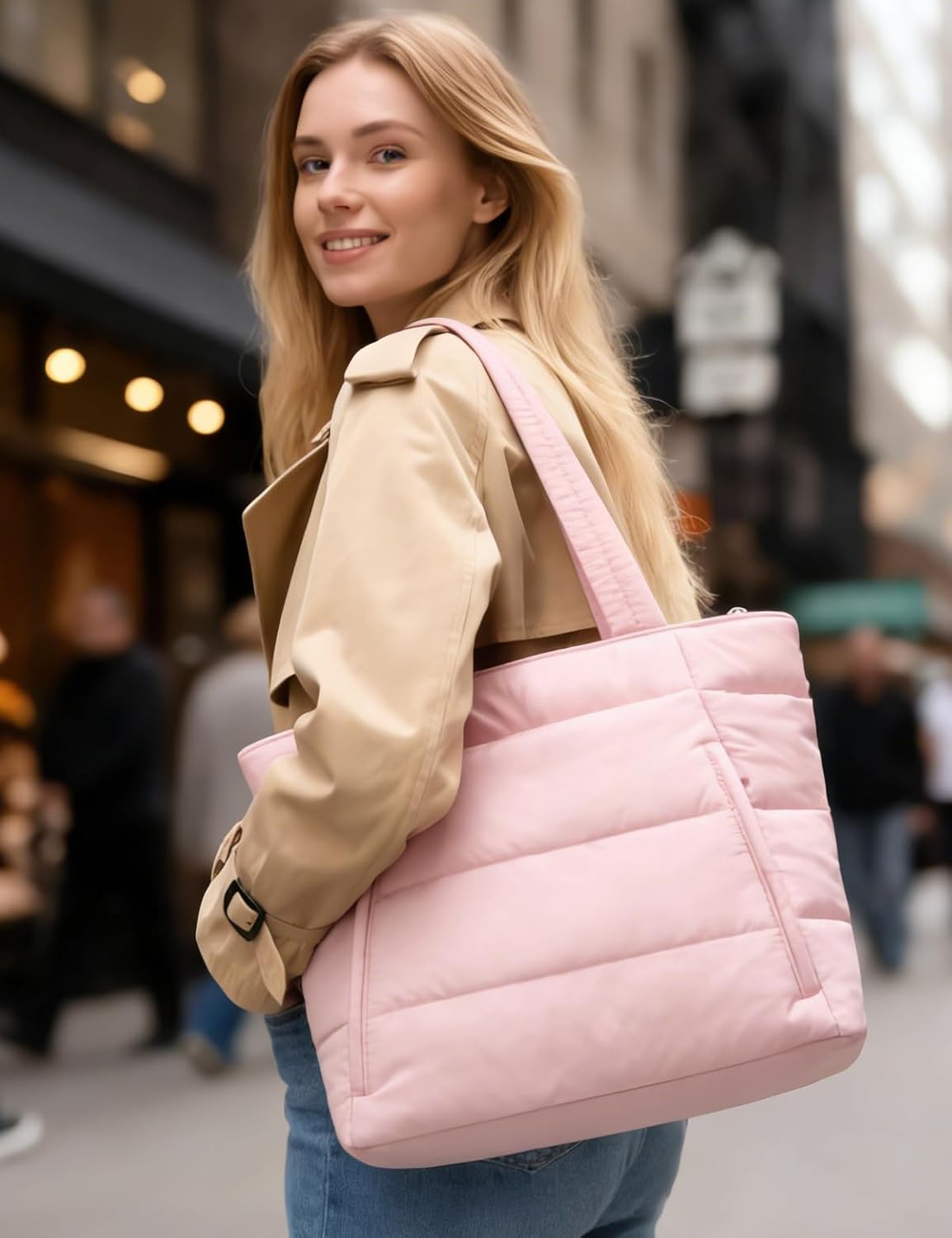 Puffer Tote Bag for Women, Nurse, Large Quilted Shoulder Bag with Cup Holder & Laptop Compartment for Work, Travel, Gym