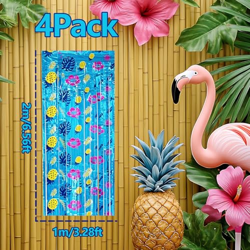 4 Pack Hawaiian Tropical Birthday Party Decorations, 3.3 x 6.6 ft Cartoon Foil Fringe Curtains Blue Door Streamers Cartoon Animation Themed Birthday Party Decor for Kids Favors by PIONUX - Used condition - Image 4